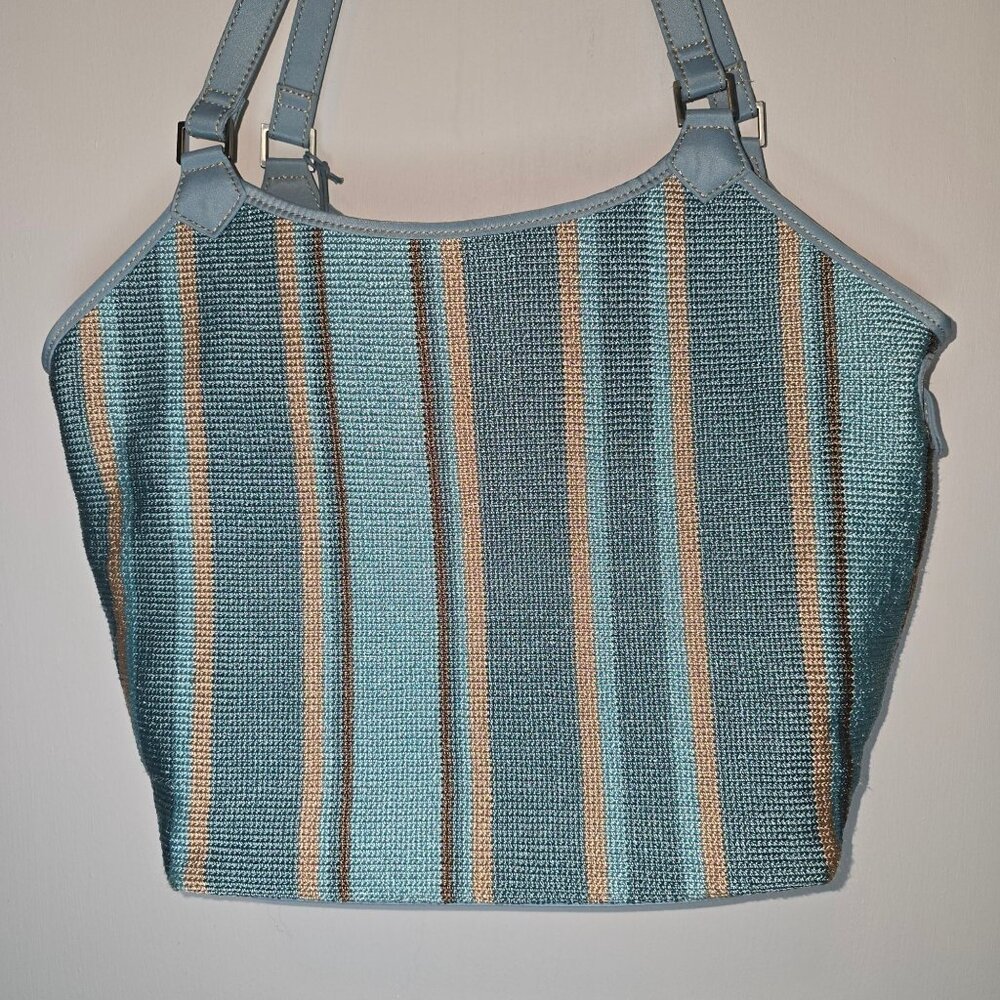 Vintage 90s The SAK Crocheted Blue Striped Shoulder Bag - Picture 9 of 12